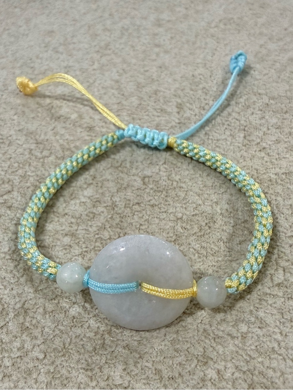 Handmade Turquoise & Yellow Braided Bracelet with White Jade Peace Buckle